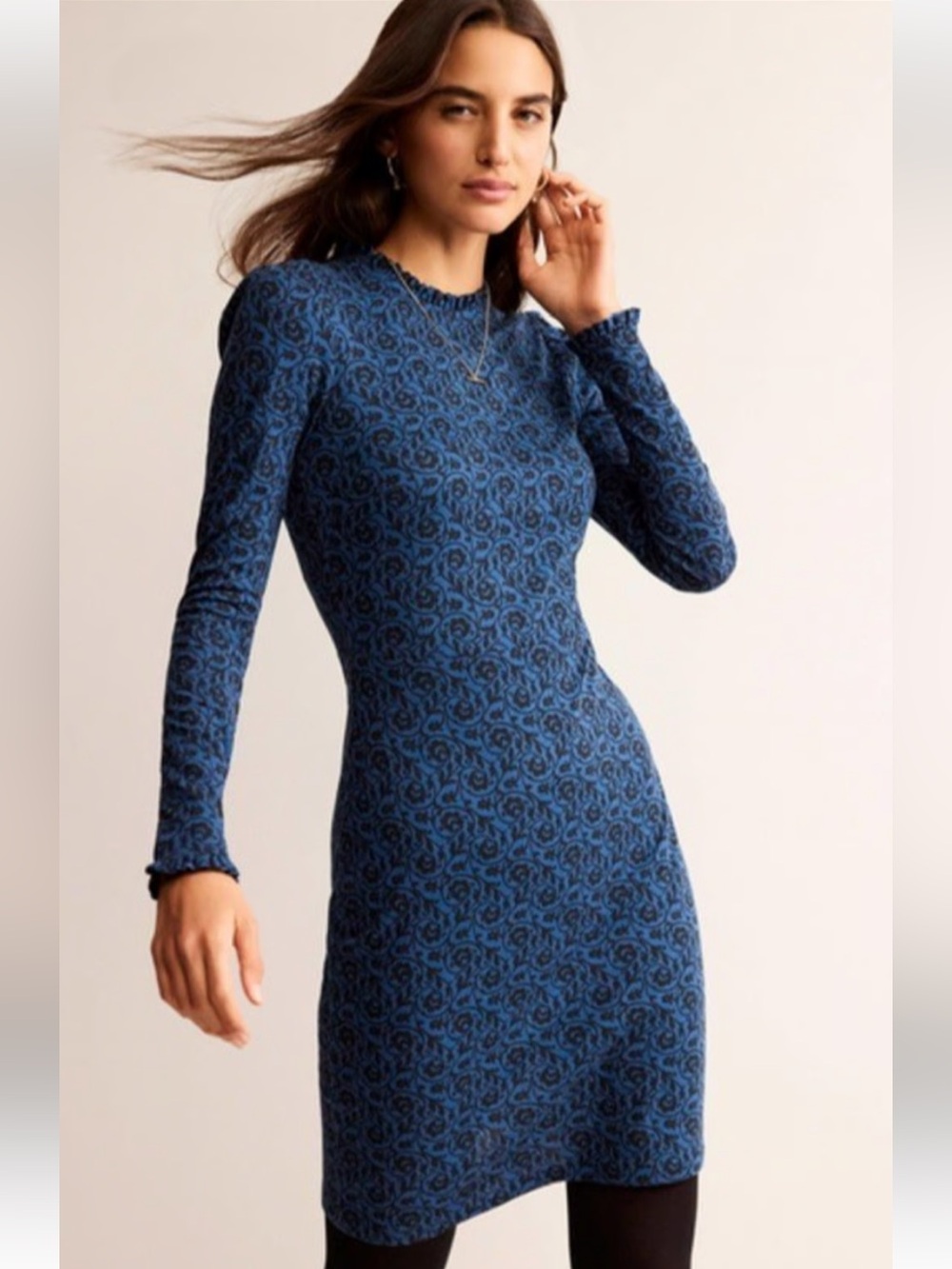 Boden Navy Blue floral Patterned Long-Sleeve ruffle Dress SZ 8